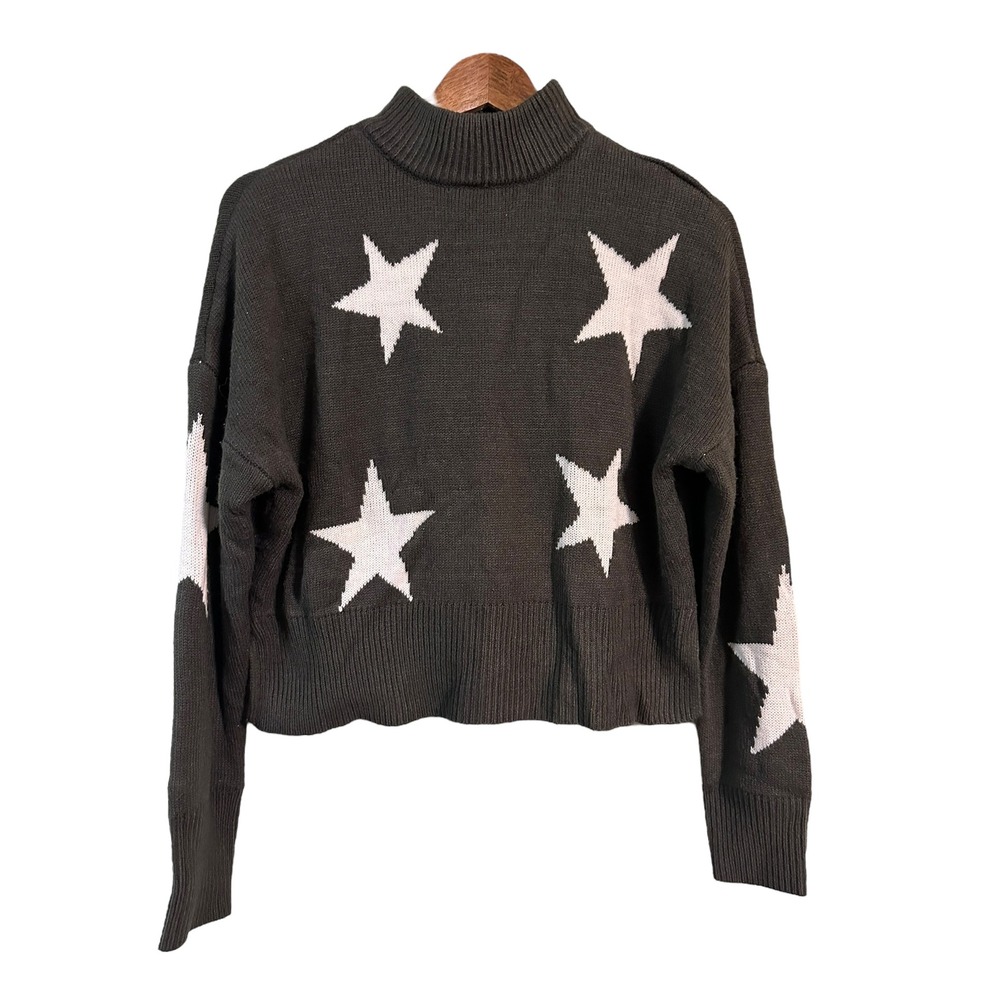 Star Print Mock Neck Knit Sweater Cozy Pullover Olive Grey‎